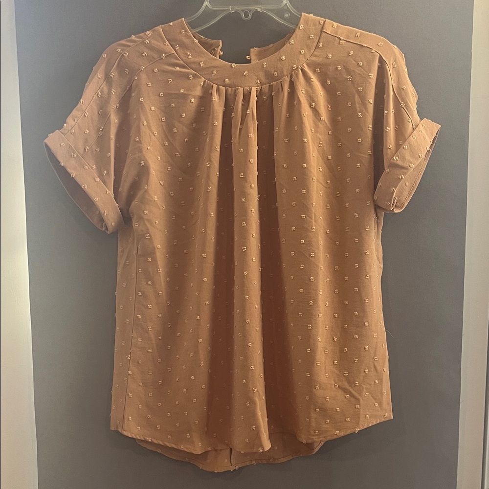 Women's Cream-Brown Swiss Dot Short Sleeve Blouse